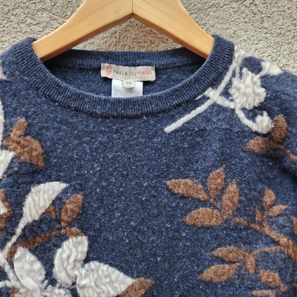 PAUL JOE SISTER Womens Sweater Extra Small Blue Floral Embroidered Knit Wool Vtg - Picture 3 of 9